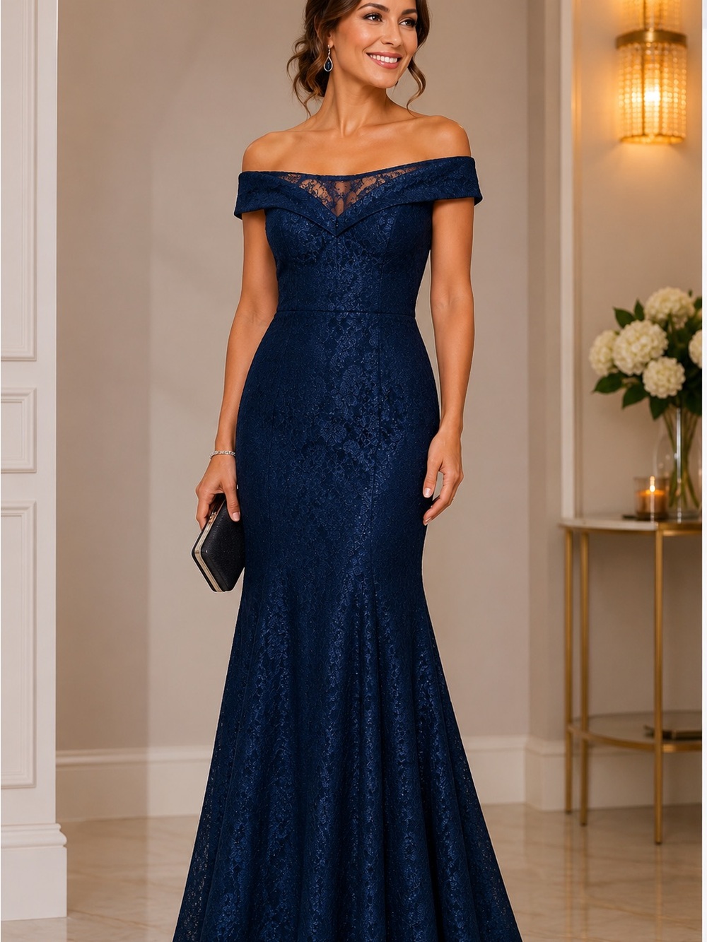 R&M Richards Navy One-Shoulder Lace Mermaid Gown